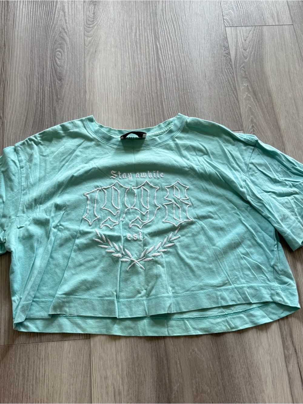 Bershka Mint Green Cropped Tee with Embroidered '1998'